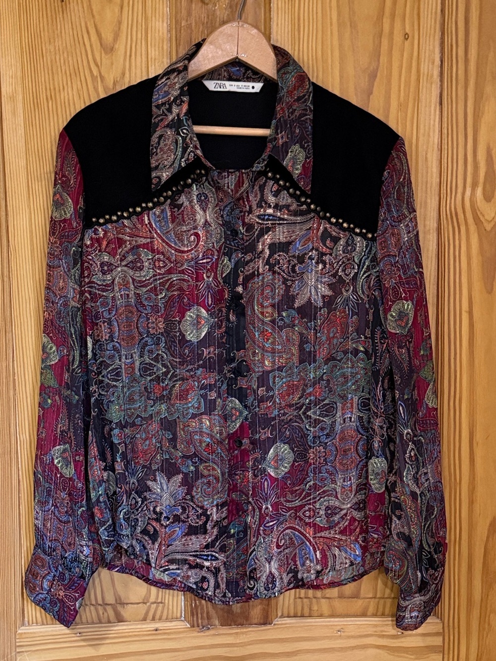 Zara Maroon Paisley Printed Velvet Blouse with Studs ~ S